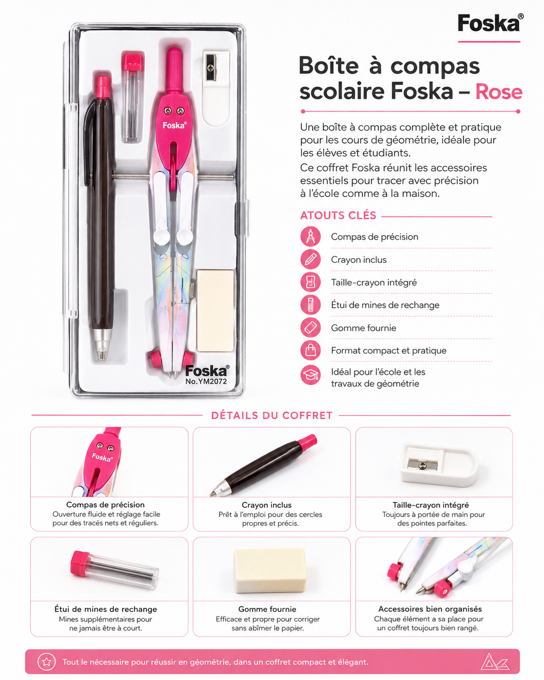 Boîte à compas scolaire Foska - Bleu · Couleur Rose