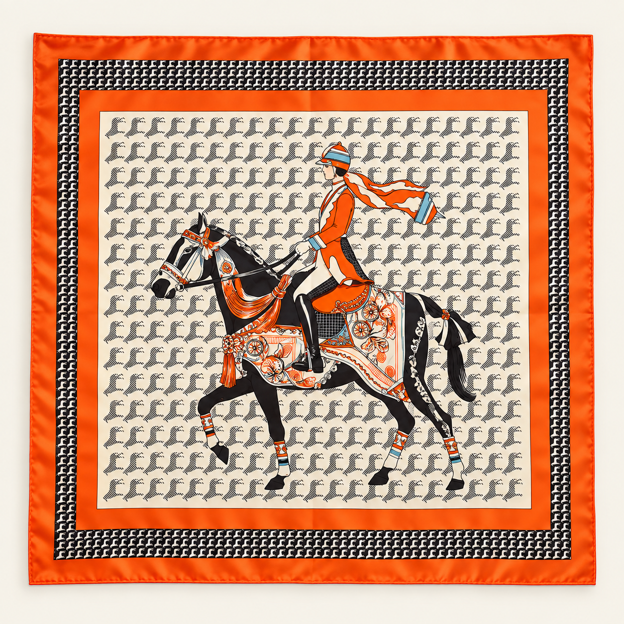 Carré de soie – Motifs équestres & floraux