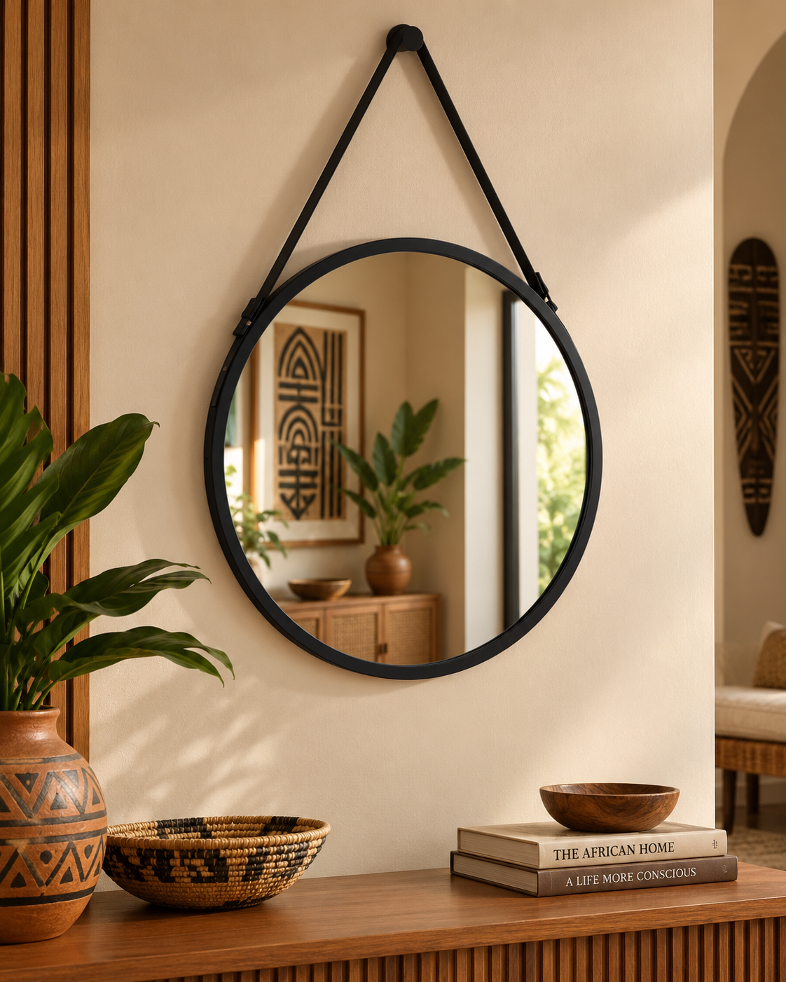 Miroir mural rond avec sangle – Noir