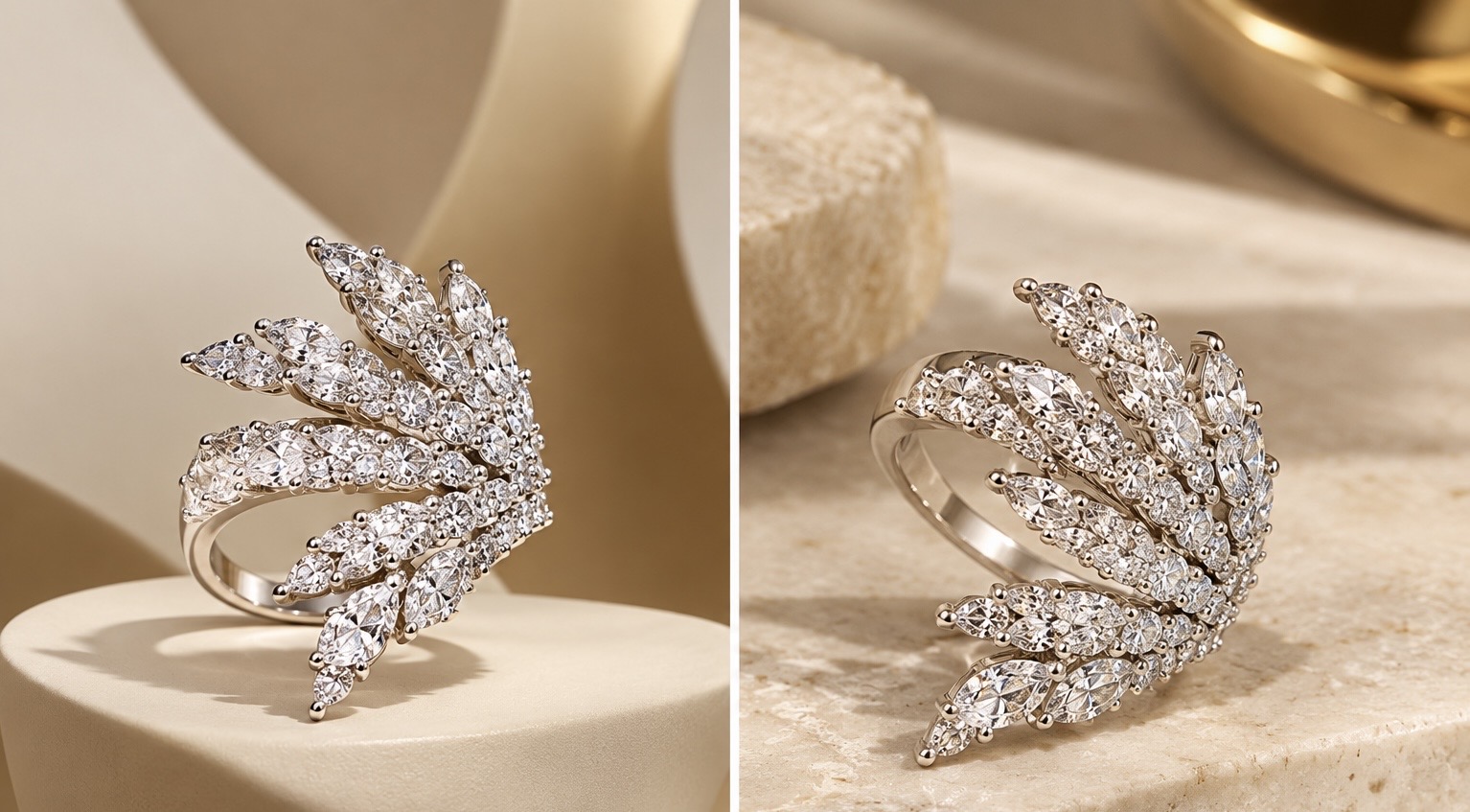 Bague statement feuillage scintillant – finition argentée